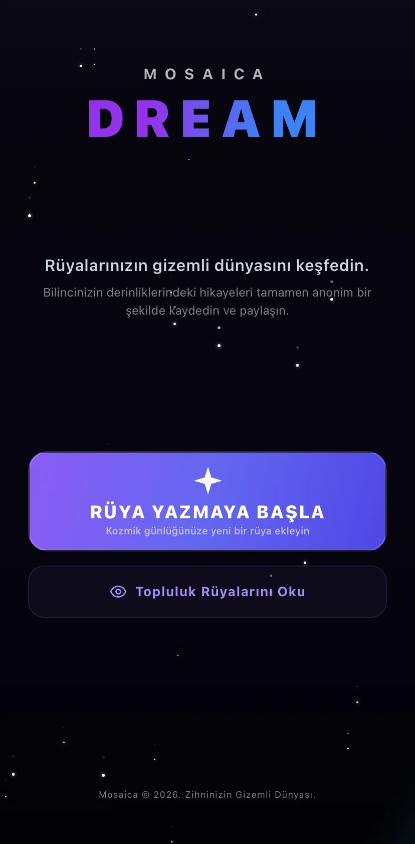 MosaicaDream uygulaması açılış ekranı